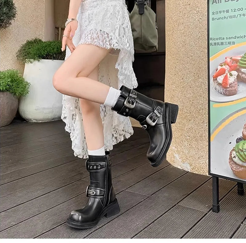 Metal Belt Buckle Motorcycle Boots Rivet Patent Leather Platform Wedge High heels Chunky Boots Shoes